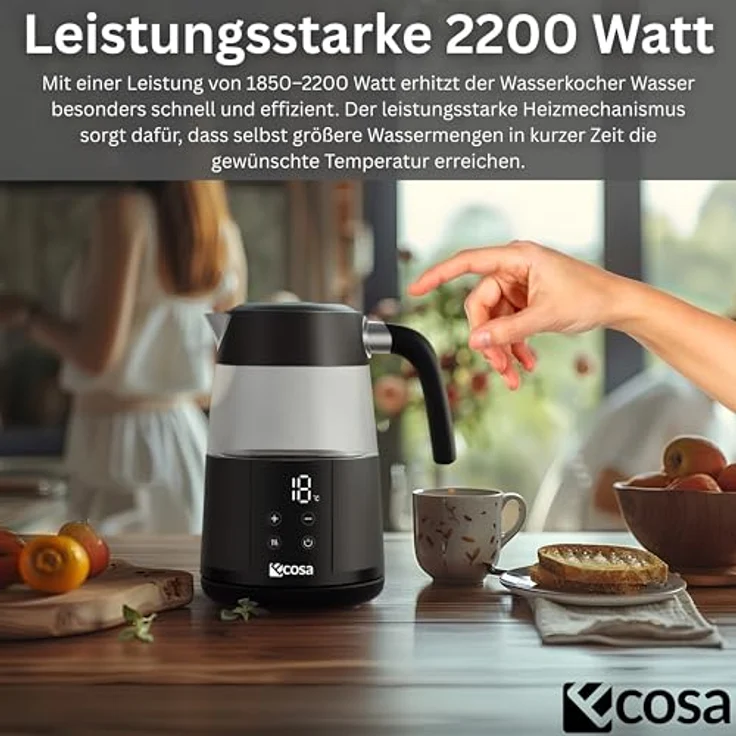 ecosa Wasserkocher EO-699, 1.7 l, 2200 W, digitales Farb-Touchdisplay, 13 Temperaturstufen, Warmhaltefunktion, Kalkfilter, Borosilikatglas – Bild 4