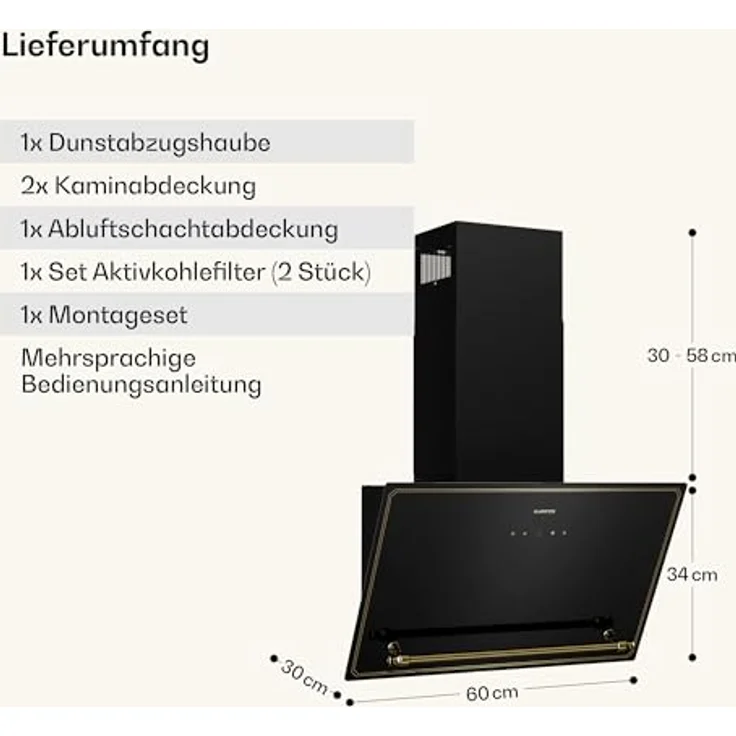 Klarstein Victoria Dunstabzugshaube, 60 cm, 400 m³/h, A++, Touch-Bedienfeld, LED-Beleuchtung, Schwarz/Gold, Abluft & Umluft, leise 52 dB – Bild 7
