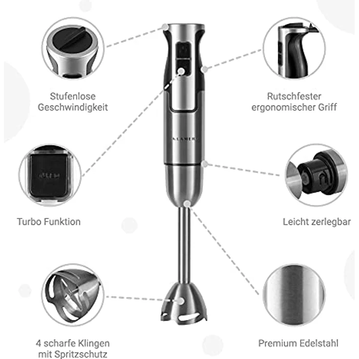 KLAMER Stabmixer 4 in 1, 400W, Pürierstab, mit stufenloser Geschwindigkeit, Turbo-Funktion, Edelstahl – Bild 2