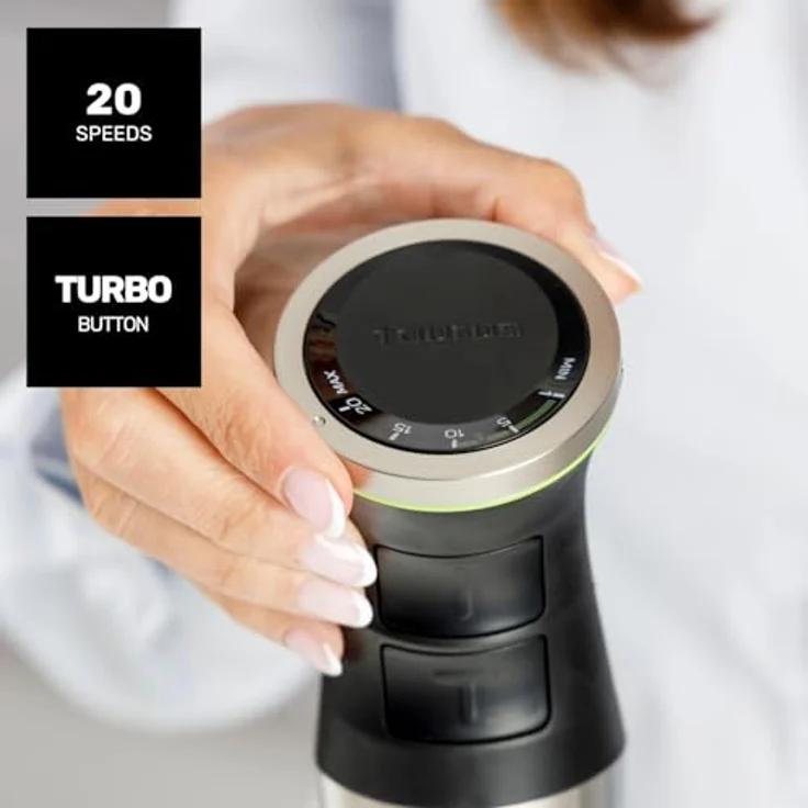 Taurus Stabmixer XXL 1500W, 20 Geschwindigkeiten + TURBO, Edelstahlklingen, Spritzschutzglocke, ergonomisch, BPA-frei, spülmaschinengeeignet, inklusive 3 Zubehörteile – Bild 3