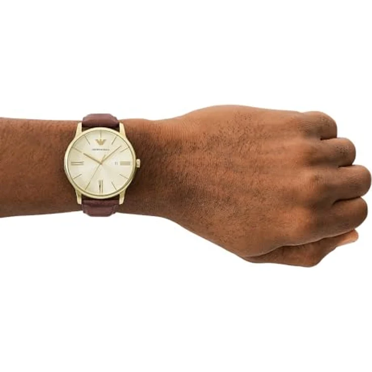 Emporio Armani AR11610, Herrenuhr aus Edelstahl mit goldenem Gehäuse, braunem Lederarmband und cremefarbenem Ziffernblatt, Quarzwerk, 42 mm Durchmesser – Bild 2