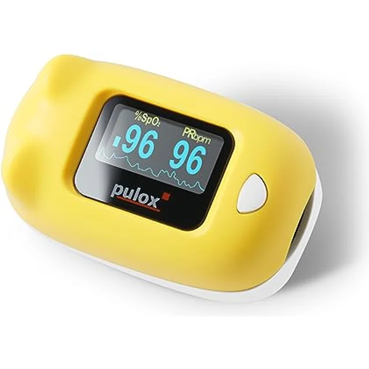 pulox PO-230 in Gelb, Pulsoximeter für Kinder, mit Klebemuster, Messung von Sauerstoffsättigung und Herzfrequenz – Bild 4
