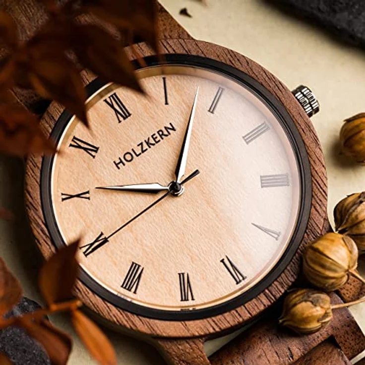 Holzkern Quarzuhr Herbstdämmerung, Unisex-Armbanduhr aus Walnuss/Ahorn mit japanischem Quarzwerk, polierten Zeigern und römischen Ziffern, spritzwassergeschützt – Bild 4