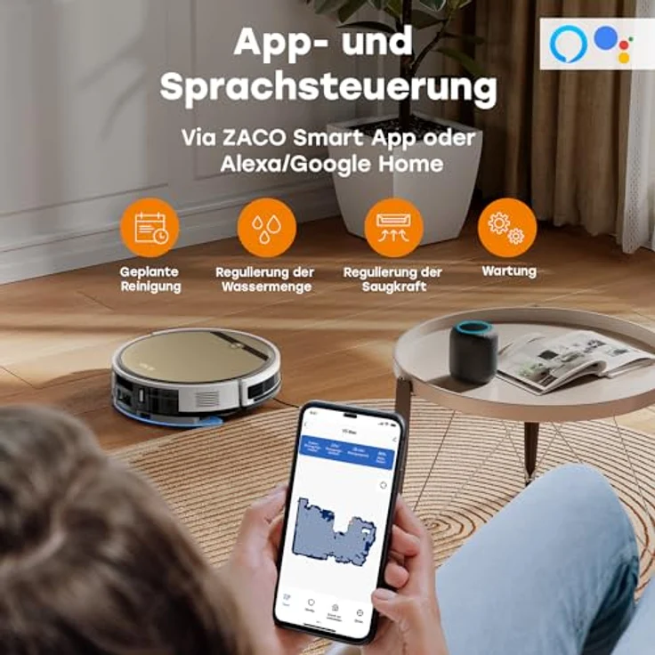 ZACO V5 Max Saugroboter mit Wischfunktion, 3000Pa Saugkraft, Alexa/App Steuerung, ideal für Tierhaare, leiser 2in1 Wischroboter, blau – Bild 5