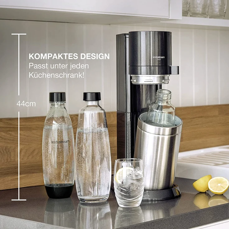 SodaStream Wassersprudler DUO Titan, Umsteiger ohne CO2-Zylinder, 1x 1L Glasflasche und 1x 1L spülmaschinenfeste PET-Flasche, schwarz – Bild 3