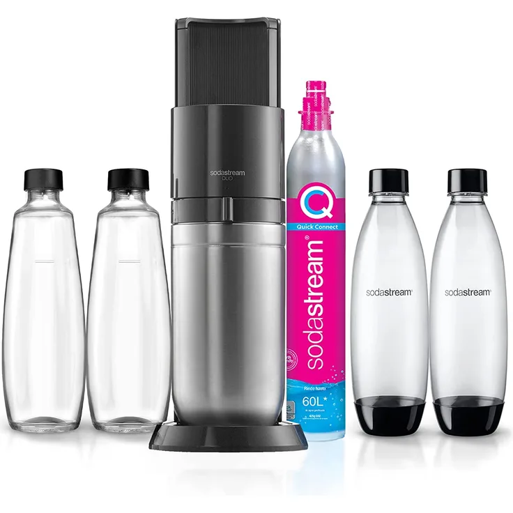 SodaStream Wassersprudler DUO mit CO2-Zylinder Höhe 44cm 2x 1L Glasflasche und 2x 1L spülmaschinenfeste PET-Flasche