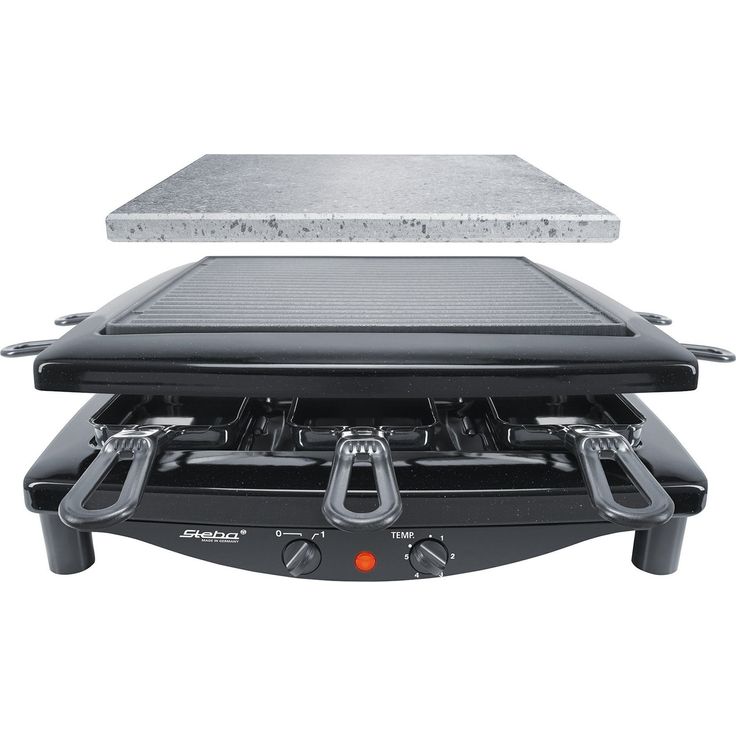 Steba RC 3 Plus Raclette, emaillierte Stahlguss-Grillplatte, geriffelt/glatt, Natursteingrillplatte, für 8 Personen, 1450 Watt, schwarz-chrom