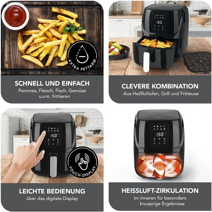MAXXMEE Heißluft-Fritteuse Digital, 3 Liter Fassungsvermögen, 1300 Watt, ohne Fett, 8 Automatik-Programme, Thermostat, Warmhalten, schwarz – Bild 12