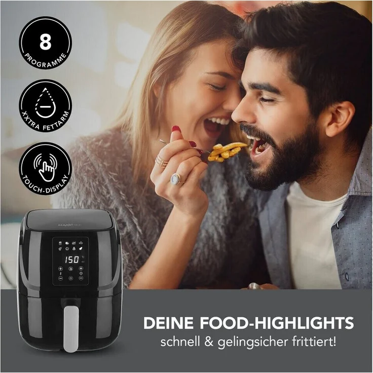 MAXXMEE Heißluft-Fritteuse Digital, 3 Liter Fassungsvermögen, 1300 Watt, ohne Fett, 8 Automatik-Programme, Thermostat, Warmhalten, schwarz – Bild 7