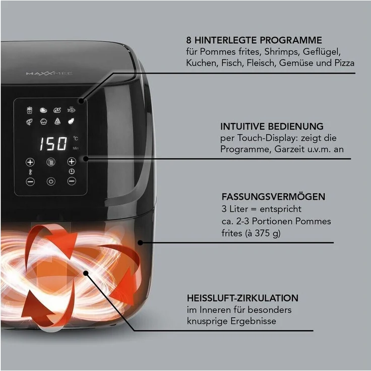 MAXXMEE Heißluft-Fritteuse Digital, 3 Liter Fassungsvermögen, 1300 Watt, ohne Fett, 8 Automatik-Programme, Thermostat, Warmhalten, schwarz – Bild 6