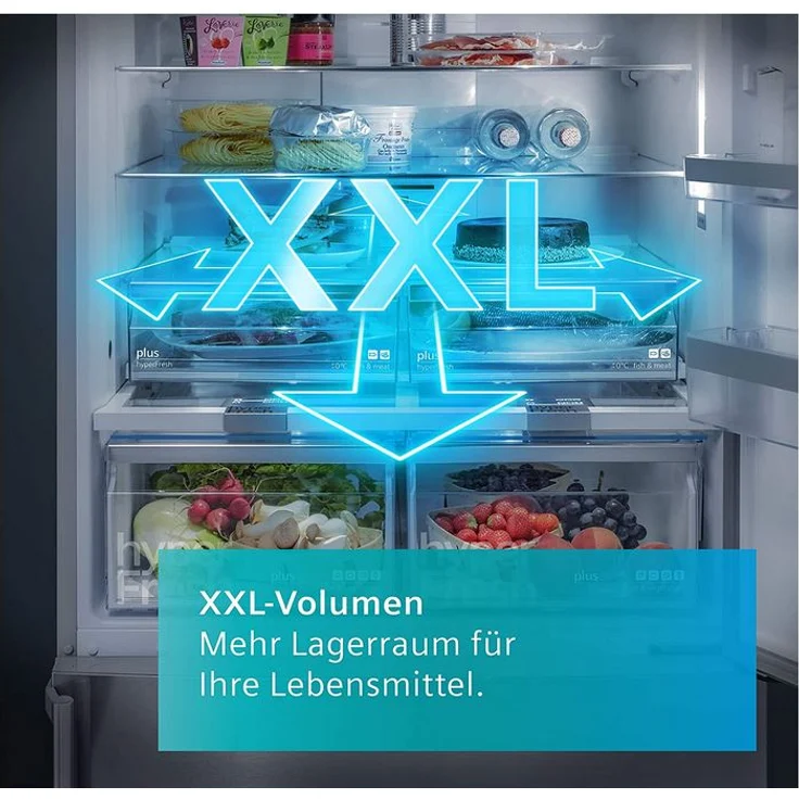 Siemens KF96NVPEA iQ300 Side-by-Side-Kühlschrank, freistehend, silber, NoFrost, 0-Grad-Zone, Schnellgefrieren und -kühlen, Breite 91 cm – Bild 4