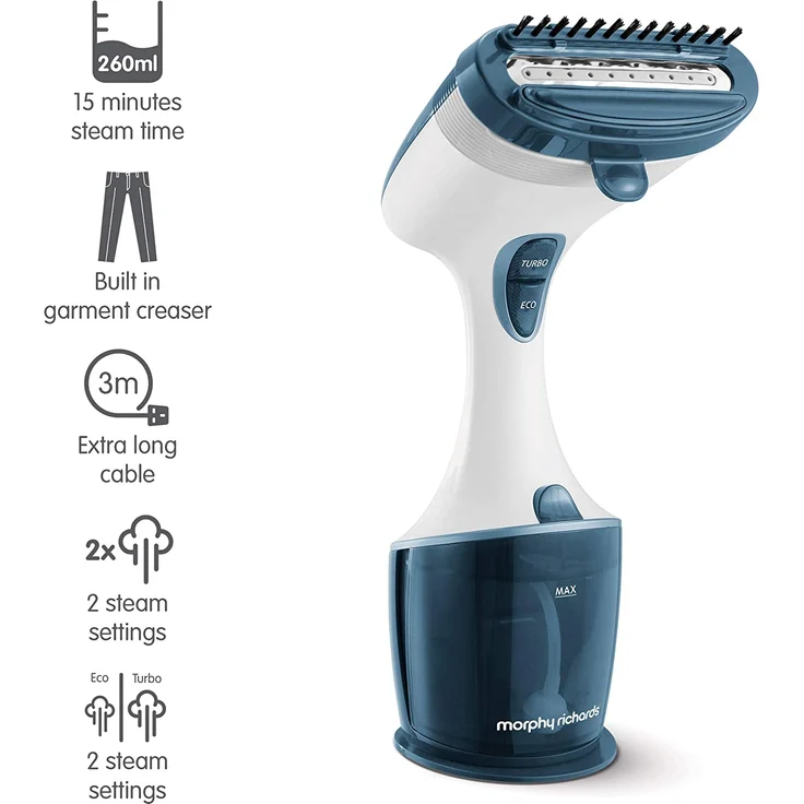 Morphy Richards 361000 Dampfglätter, 260 ml, erfrischt Stoffe, tötet Bakterien, weiß-blau, Steamer – Bild 2