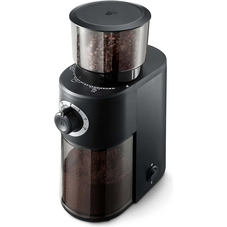 Tchibo elektrische Kaffeemühle, Edelstahlgehäuse, Edelstahlmahlwerk, 26 Mahlgradeinstellungen, Schwarz/Silber – Bild 1