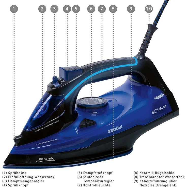 Bomann DB 6038 CB Dampfbügeleise, 2800 W, Superglide, schwarz-blau – Bild 3