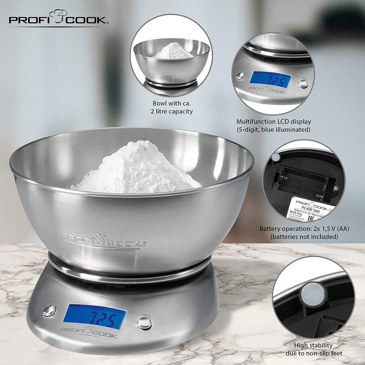 ProfiCook PC-KW 1040 Digitale Küchenwaage , Gehäuse, Schüssel und Wiegefläche aus Edelstahl, Tara-Funktion, Multifunktions-LCD-Display – Bild 3
