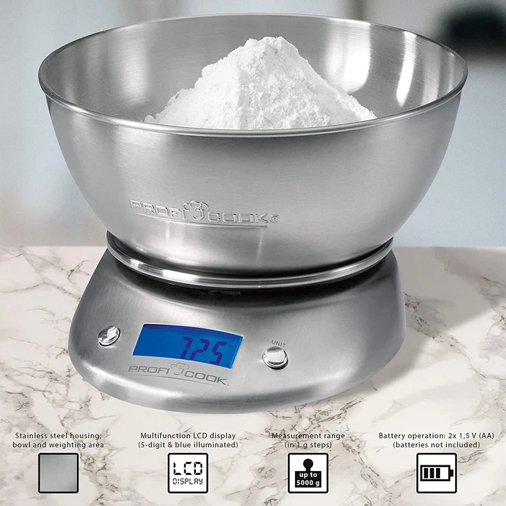 ProfiCook PC-KW 1040 Digitale Küchenwaage , Gehäuse, Schüssel und Wiegefläche aus Edelstahl, Tara-Funktion, Multifunktions-LCD-Display – Bild 4