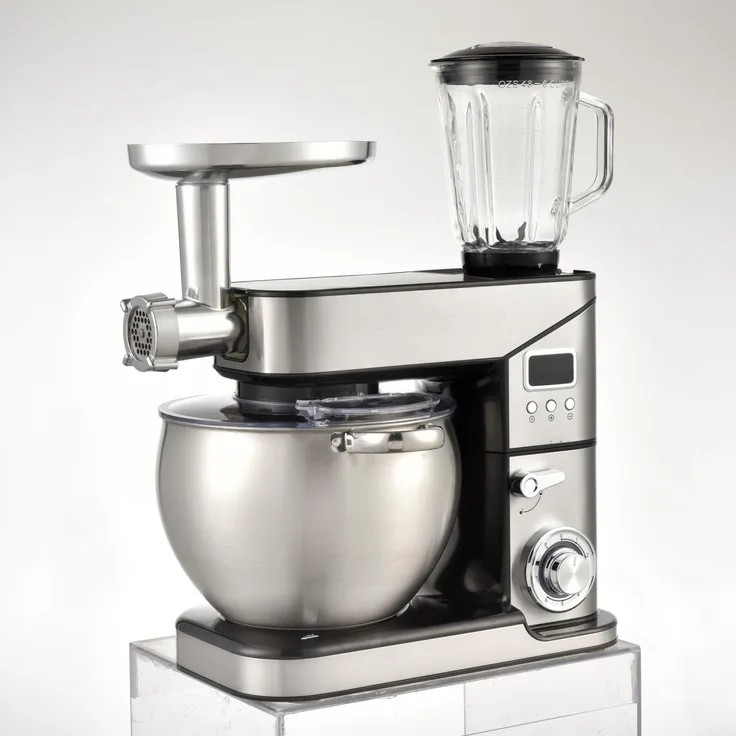 Syntrox Lyon Küchenmaschine, 2000W, 10L, Edelstahl, 6 Geschwindigkeiten, inkl. Standmixer, Fleischwolfaufsatz, silber, schwarz