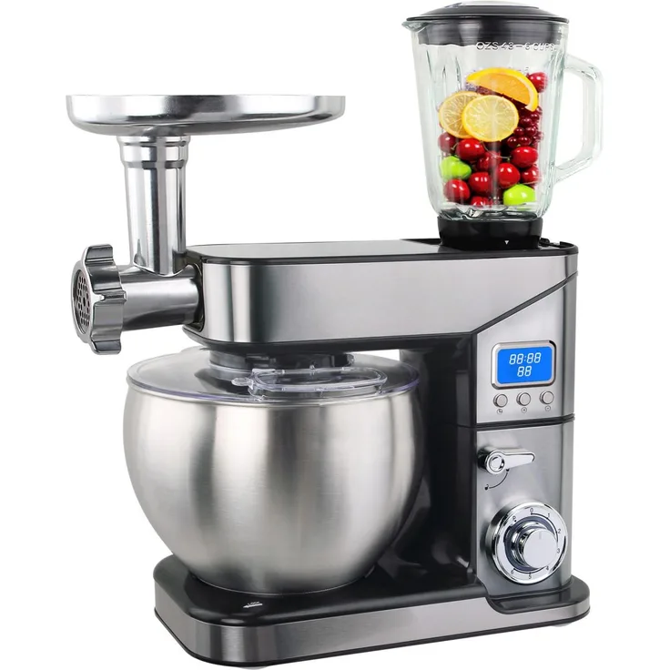 Syntrox Nice Küchenmaschine, 1300W, 7L, Edelstahl, 6 Geschwindigkeiten, inkl. Standmixer, Fleischwolfaufsatz, silber