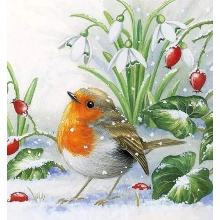 20 Servietten Süßer Vogel Robin im Schnee als winterliche Tischdeko für Tierliebhaber 33cm