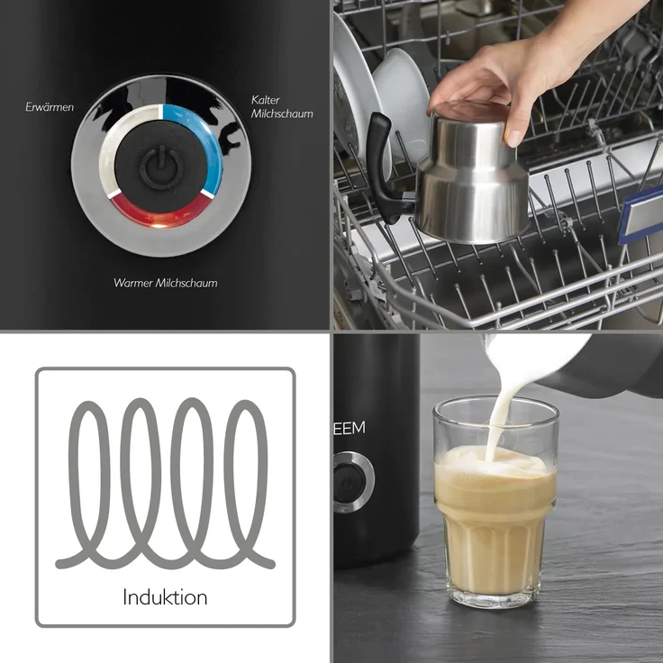 BEEM MILK-PERFECT Induktions-Milchaufschäumer, 500W, Aufschäumen 260ml, Milch 500 ml, LED, Edelstahl, PP, schwarz – Bild 8