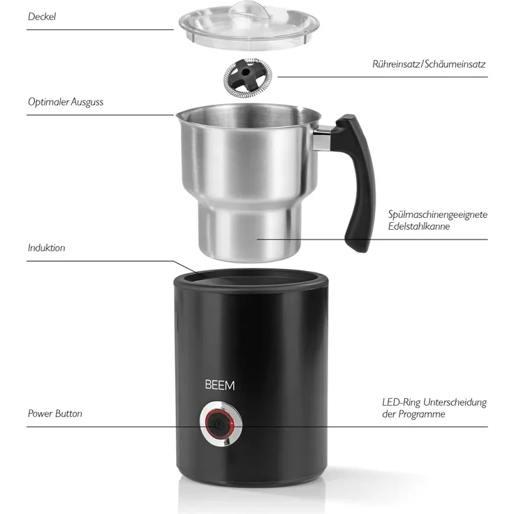 BEEM MILK-PERFECT Induktions-Milchaufschäumer, 500W, Aufschäumen 260ml, Milch 500 ml, LED, Edelstahl, PP, schwarz – Bild 9