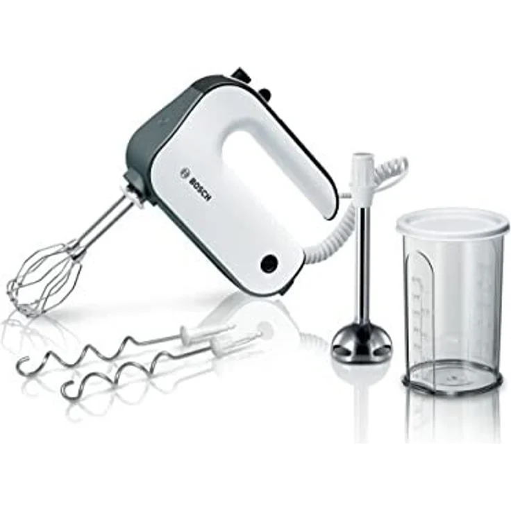 Bosch MFQ49700 Styline Handmixer, 850W, 5 Geschwindigkeitsstufen, inkl. Edelstahl Rührbesen und Knethaken, Spiralkabel, inkl. Stabmixer-Aufsatz, Mixbehälter (0,6L), weiß, dark silber – Bild 1