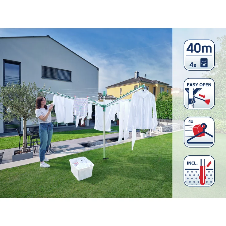 Leifheit Wäschespinne Linomatic V400 mit Leinenautomatik für saubere Leinen, 40m Leinenlänge für 4 Waschmaschinenladungen, mit Easy-Lift-System für leichtes Öffnen, inkl. Bodenhülse und Wäscheklammern – Bild 10