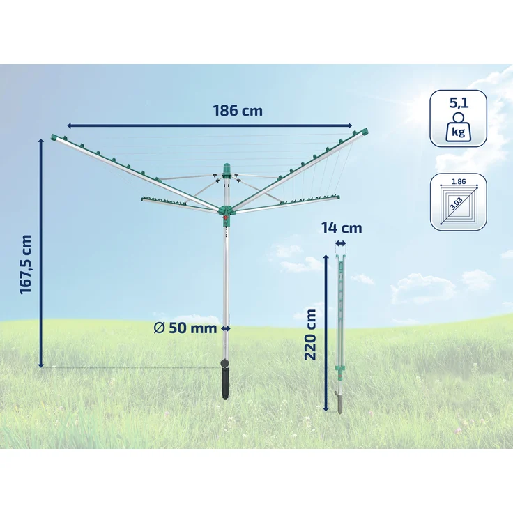 Leifheit Wäschespinne Linomatic V400 mit Leinenautomatik für saubere Leinen, 40m Leinenlänge für 4 Waschmaschinenladungen, mit Easy-Lift-System für leichtes Öffnen, inkl. Bodenhülse und Wäscheklammern – Bild 9