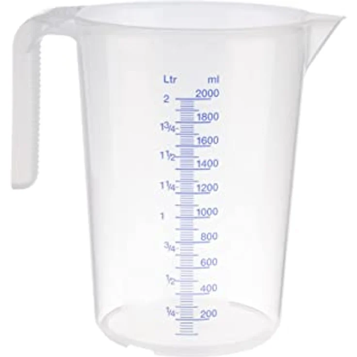 Messbecher -STACKABLE- Ø 15 cm, H: 20,5 cm, 2 Liter Polypropylen mit offenem Griff geprägte Maßskalierung außen Liter- - Milliliter-Einteilung