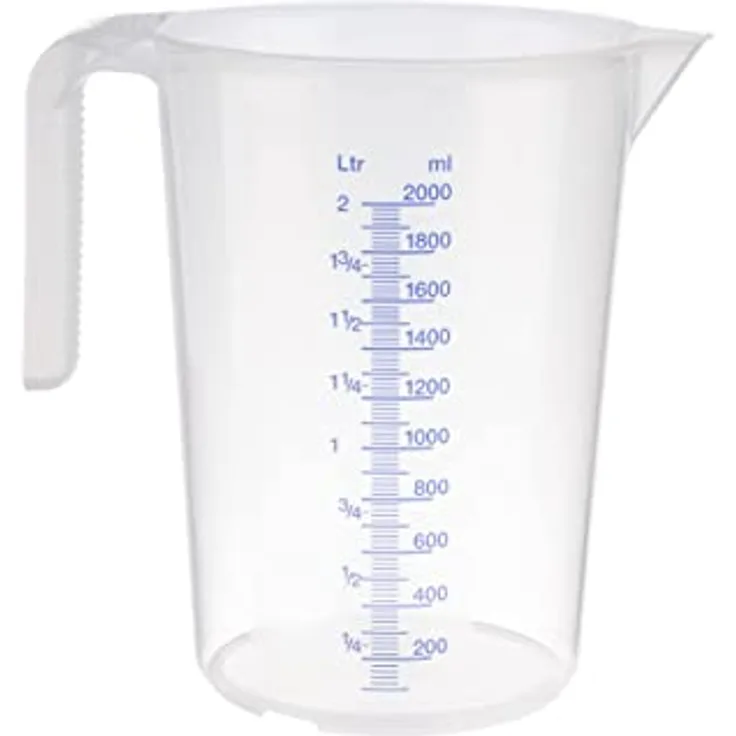 Messbecher -STACKABLE- Ø 15 cm, H: 20,5 cm, 2 Liter Polypropylen mit offenem Griff geprägte Maßskalierung außen Liter- - Milliliter-Einteilung