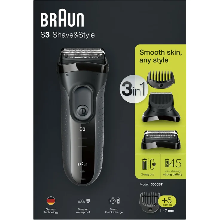 Braun Series 3 3000BT Shave&Style 3-in-1 Herren Rasierer Trockenrasur inkl. Präzisionstrimmer und 5 Kammaufsätze schwarz – Bild 3