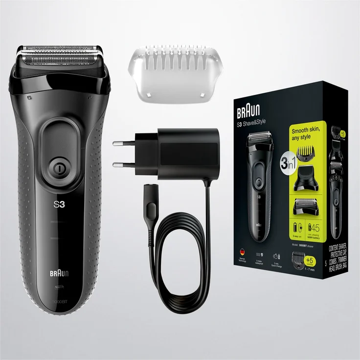 Braun Series 3 3000BT Shave&Style 3-in-1 Herren Rasierer Trockenrasur inkl. Präzisionstrimmer und 5 Kammaufsätze schwarz – Bild 2