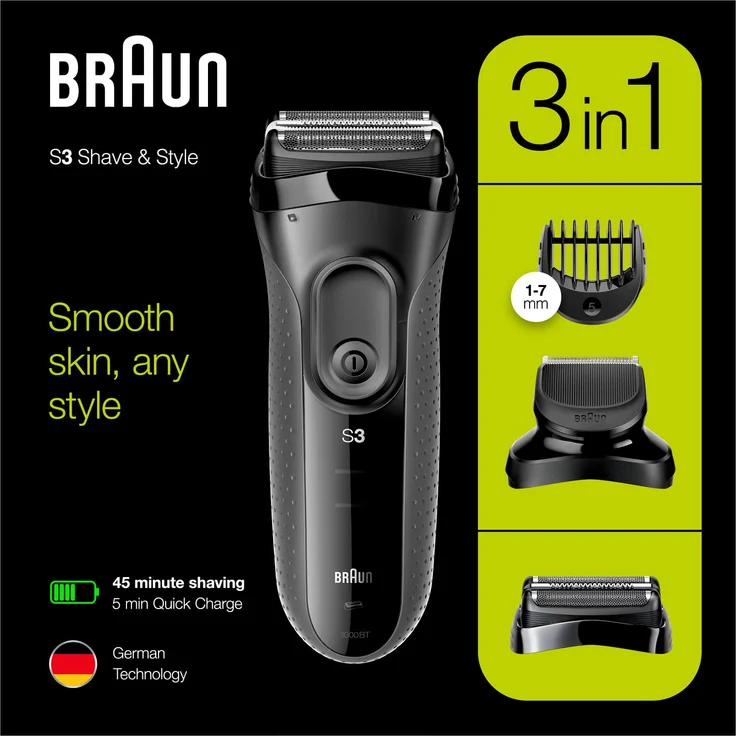 Braun Series 3 3000BT Shave&Style 3-in-1 Herren Rasierer Trockenrasur inkl. Präzisionstrimmer und 5 Kammaufsätze schwarz – Bild 7