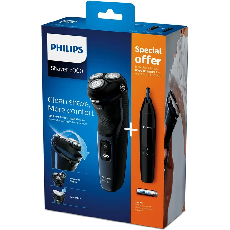Philips S3134/57 Series 3000 Nass- und Trockenrasur inkl. Philips Nasen-/Ohrenhaartrimmer schwarz/blau – Bild 4