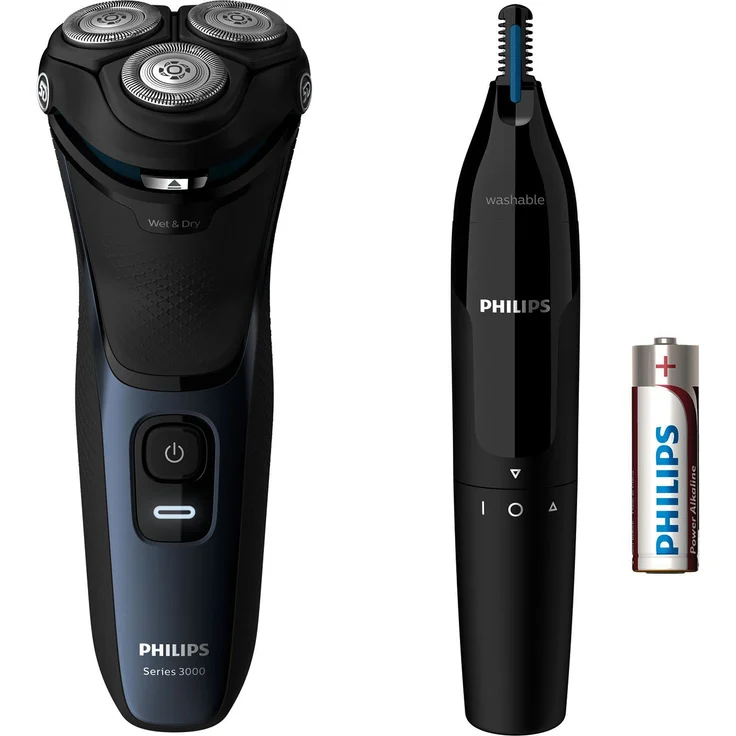 Philips S3134/57 Series 3000 Nass- und Trockenrasur inkl. Philips Nasen-/Ohrenhaartrimmer schwarz/blau – Bild 1