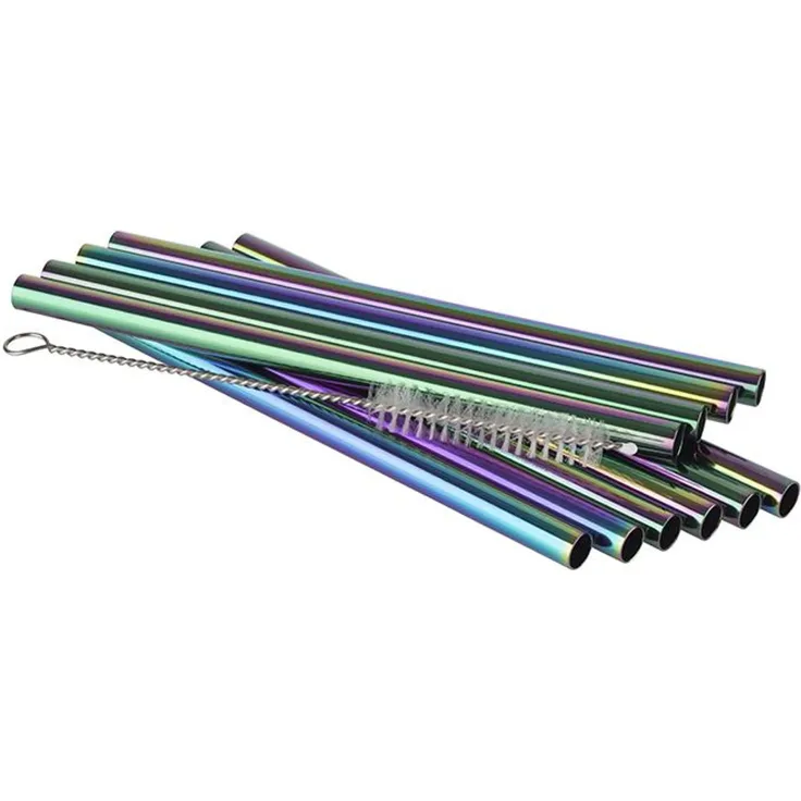 Trinkhalme 11er Set Ø 8 mm, Länge: 15 cm 18-8 Edelstahl,Regenbogen-Look Inhalt: - 10 Trinkhalme - 1 Reinigungsbürste