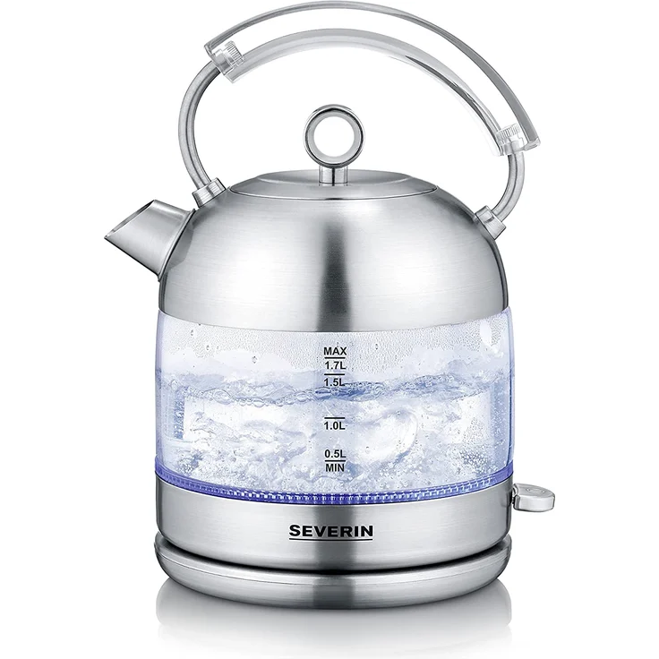 Severin WK 3459 Glas-Wasserkocher, 2400W, 1,7 Liter, Wasserstandsanzeige, abnehmbarer Deckel, silber – Bild 1