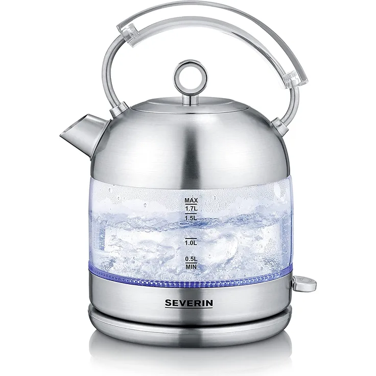 Severin WK 3459 Glas-Wasserkocher, 2400W, 1,7 Liter, Wasserstandsanzeige, abnehmbarer Deckel, silber