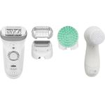 Braun Silk-épil 9 9-865, Epilierer für langanhaltende Haarentfernung, inklusive Gesichtsreinigungsbürste, Rasier- und Trimmeraufsatz, Körpermassage-Pad, Micro-Grip-Pinzetten-Technologie, Hochfrequenz-Massageaufsatz, Wet&Dry-Epilation, weiß-silber