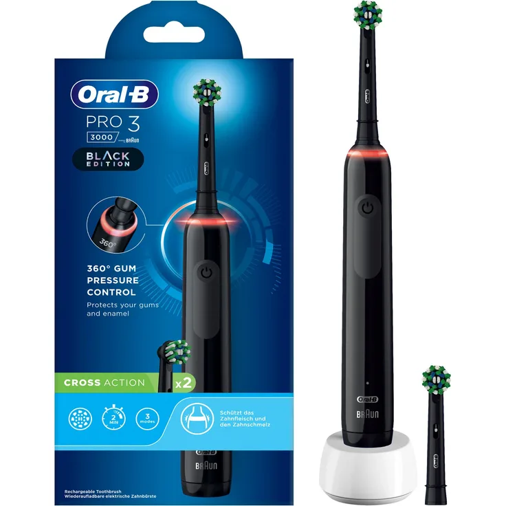 Oral-B Pro 3 3000 Cross Action Black Edition Elektrische Zahnbürste, 2 Aufsteckbürsten