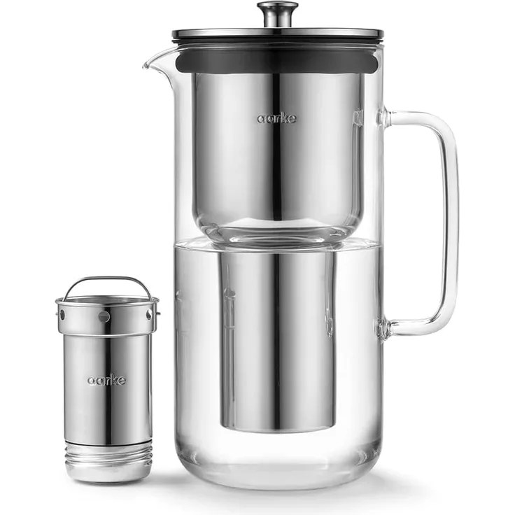Aarke Purifier Wasserfilterkanne aus Glas und Edelstahl, 2,4 l Gesamtvolumen