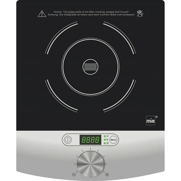 MIA ProKitchen Einzelkochplatte - Induktion,1800W- Keramik Kochfeld - 17 Temperaturstufen, 19 Leistungsstufen - schwarz, silber