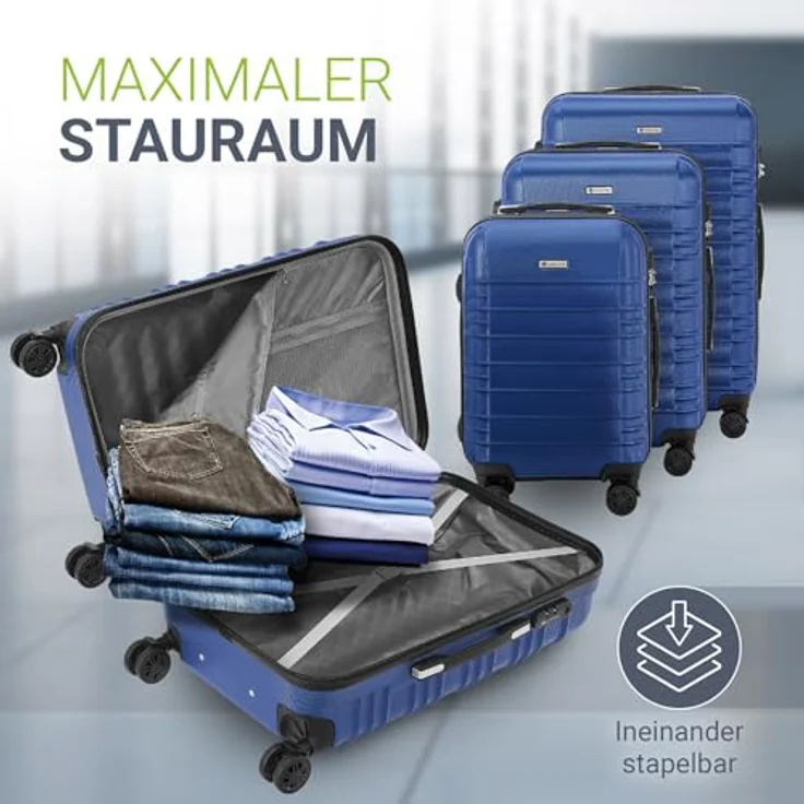 Juskys Hartschale Kofferset 3-teilig, großer Reisekoffer mit Zahlenschloss, geräuscharmen 360° Rollen, Teleskopgriff, leicht, blau – Bild 2