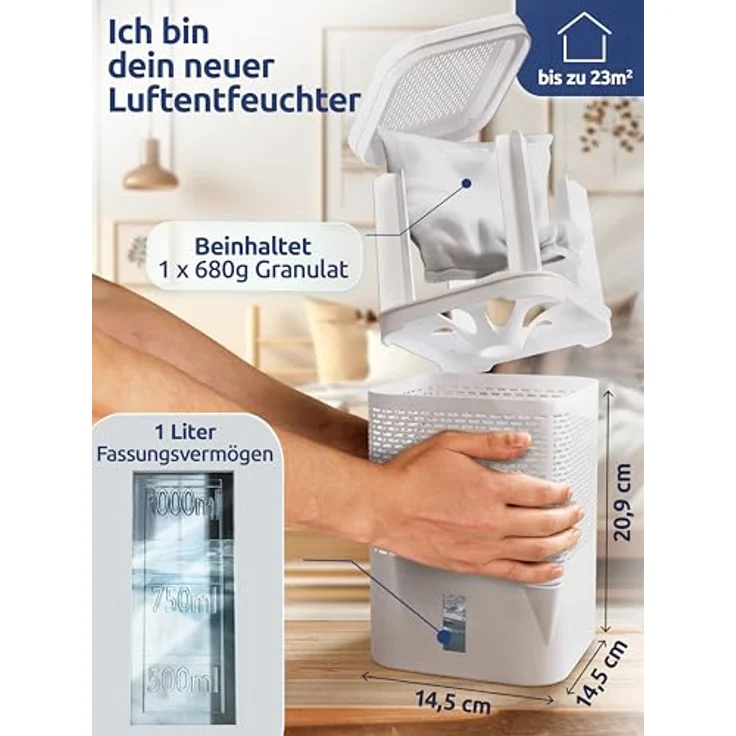 BonAura® AirOne Luftentfeuchter, stromlos bis 23m², 360° Belüftung, integrierter Ausgießer & 680g Granulat, Schimmel- und Geruchsschutz – Bild 3
