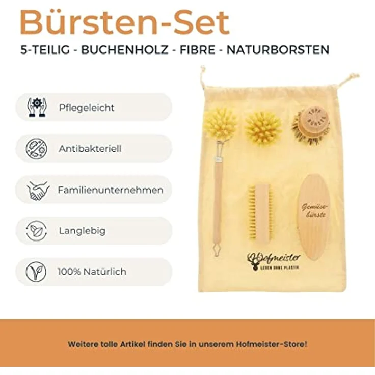 Hofmeister Holz-Bürsten-Set, Gemüsebürste, Topfbürste, Spülbürste, Ersatzkopf, Nagelbürste, Fibre & Union Naturborsten, robust & hygienisch, Reinigung bei hartnäckigem Schmutz, Buche – Bild 4