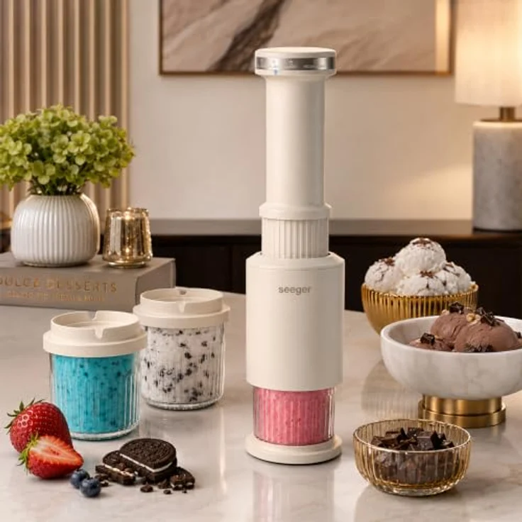 Seeger CompactCream 5-in-1 Eismaschine mit 3 stapelbaren Dessertbechern, für Eiscreme, Gelato, Sorbet, Slush und Frozen Drinks, 3 x 350 ml Becher – Bild 2