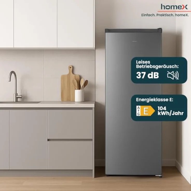 homeX CS2422E-S Kühlschrank ohne Gefrierfach, 242 Liter, freistehend, silber, 143 cm hoch, leise 37 dB, mechanische Temperaturregelung, 5 verstellbare Ablagen – Bild 5