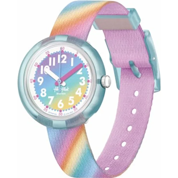 Flik Flak Montre Enfant Liquid Rainbow, Armbanduhr mit Quarzwerk, 31.85 mm Durchmesser, pinkes Armband, blaues Gehäuse, wasserdicht bis 3 Bar