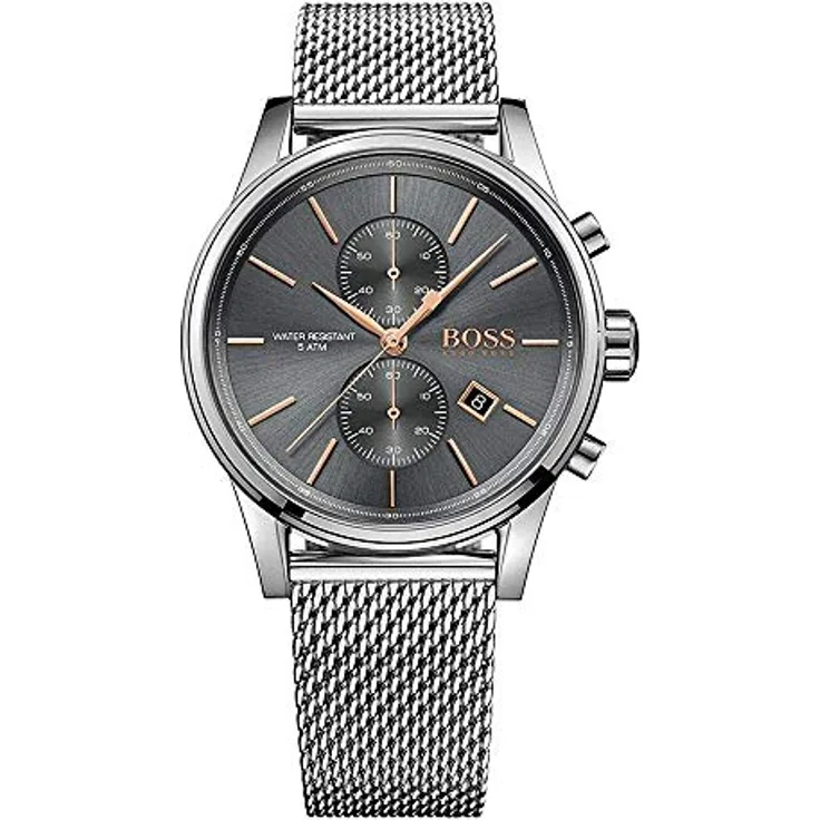 BOSS Chronograph Quarz Uhr für Herren mit Silbernes Edelstahl-Mesh-Gliederarmband - 1513440