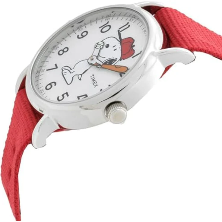 Timex Weekender x Peanuts Snoopy, 38 mm Quarzuhr mit silbernem Gehäuse, weißem Zifferblatt und rotem Nylonarmband, wasserdicht bis 3 bar – Bild 2
